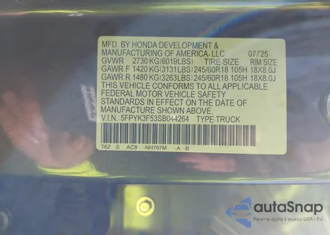 2025 Honda Ridgeline Rtl from USA, damaged, VIN 5FPYK3F53SB044264